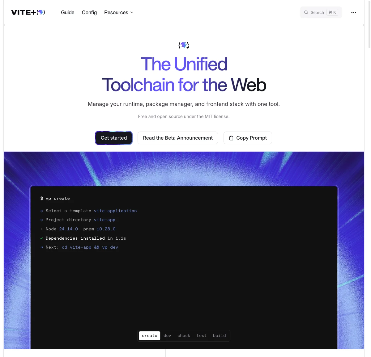 Vite+ 官網:用一個 vp 指令管理 runtime、套件管理器與前端工具鏈