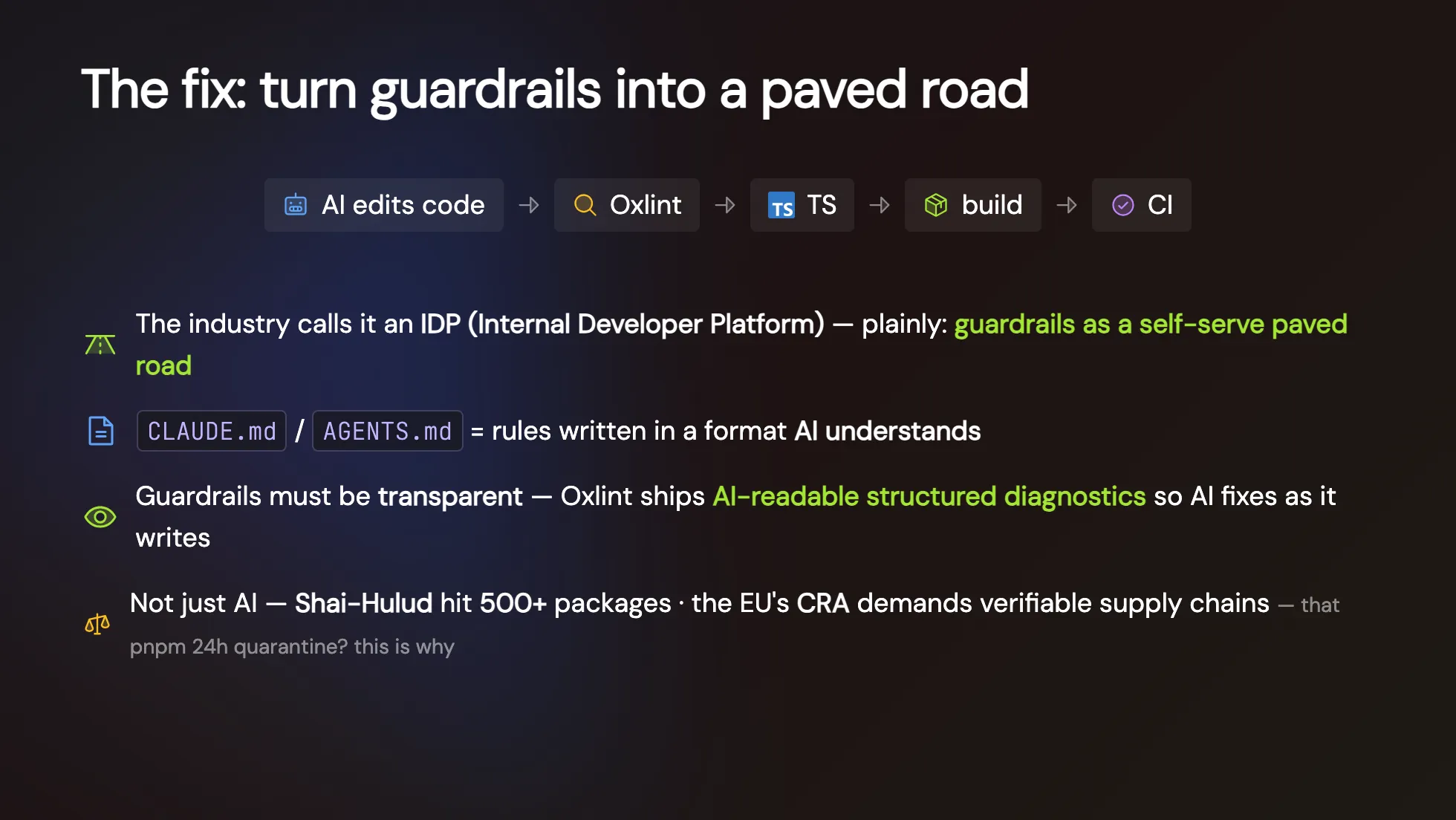 v-taiwan 投影片:The fix turn guardrails into a paved road,AI 改 code 之後依序過 Oxlint→TS→build→CI,IDP 就是自助式的護欄道路,CLAUDE.md 與 AGENTS.md 是寫給 AI 看的規矩,還提到 Shai-Hulud 與歐盟 CRA