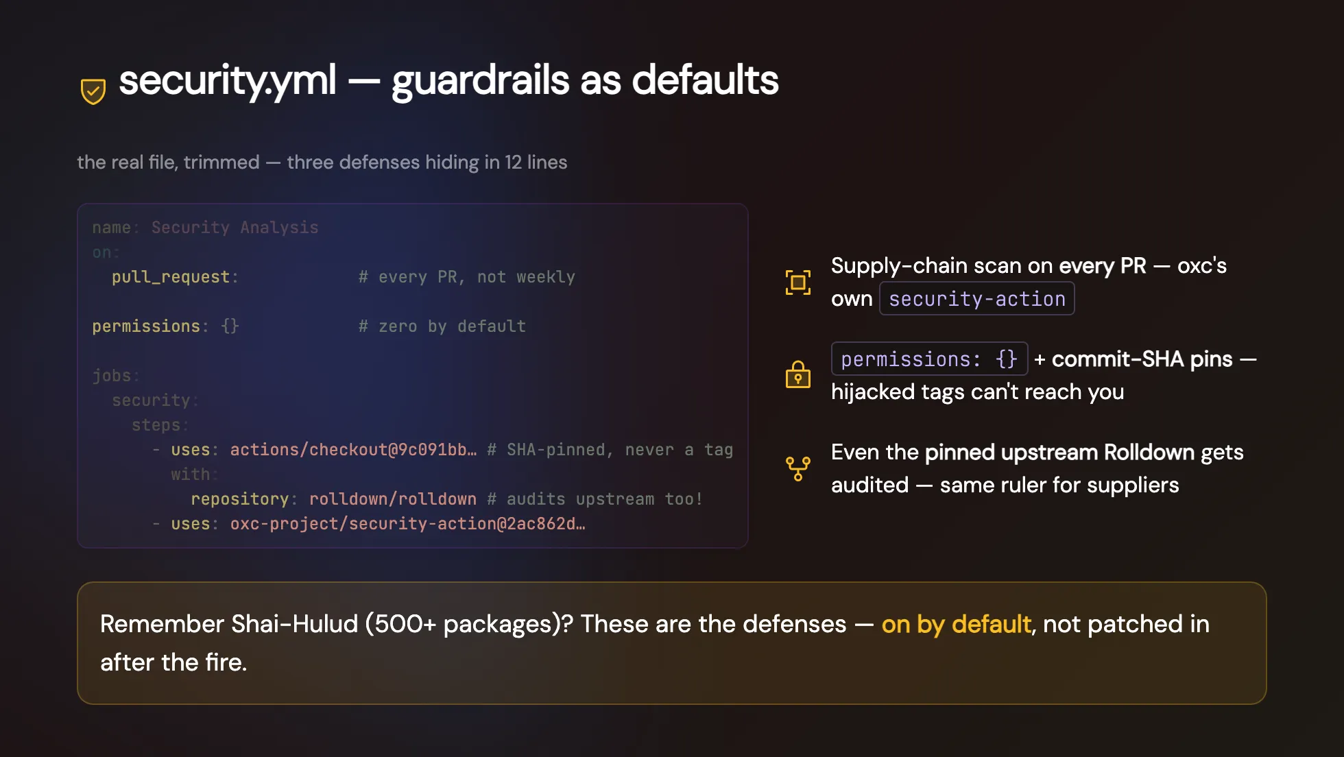 v-taiwan 投影片:security.yml — guardrails as defaults,真實 yaml 節錄與右側三道防線標註,每個 PR 掃供應鏈、permissions 歸零加 SHA 釘死、連上游 Rolldown 也一起稽核