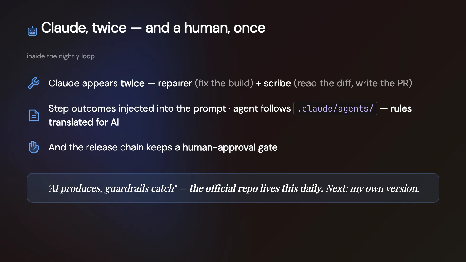 v-taiwan 投影片:Claude twice — and a human once,Claude 分別當修理工與文書、步驟結果動態塞進 prompt、agent 照 .claude/agents 規矩辦事,發版鏈保留人工核可關卡