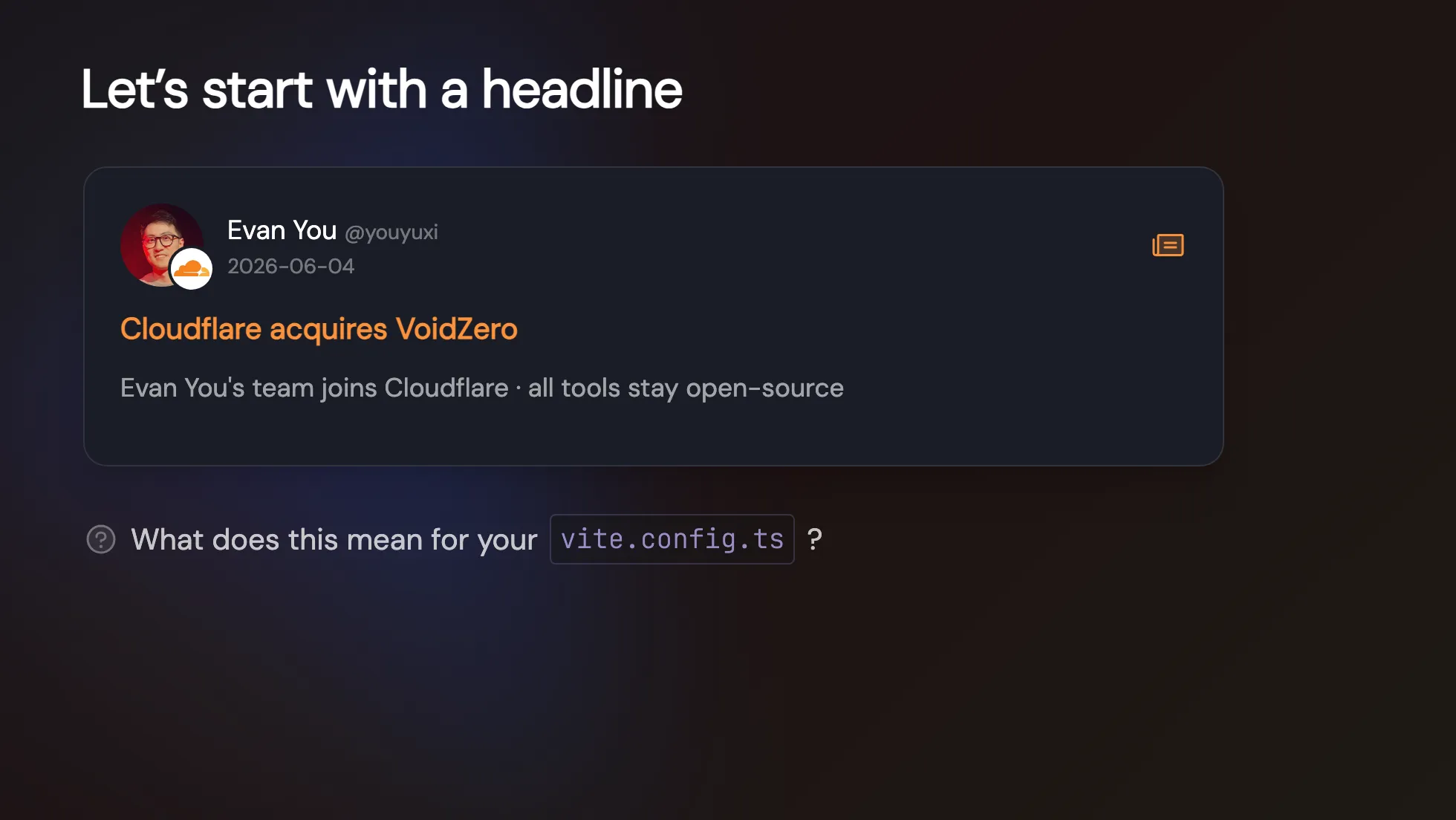 v-taiwan 投影片:Let's start with a headline,Cloudflare acquires VoidZero,尤雨溪團隊加入 Cloudflare、工具全部維持開源