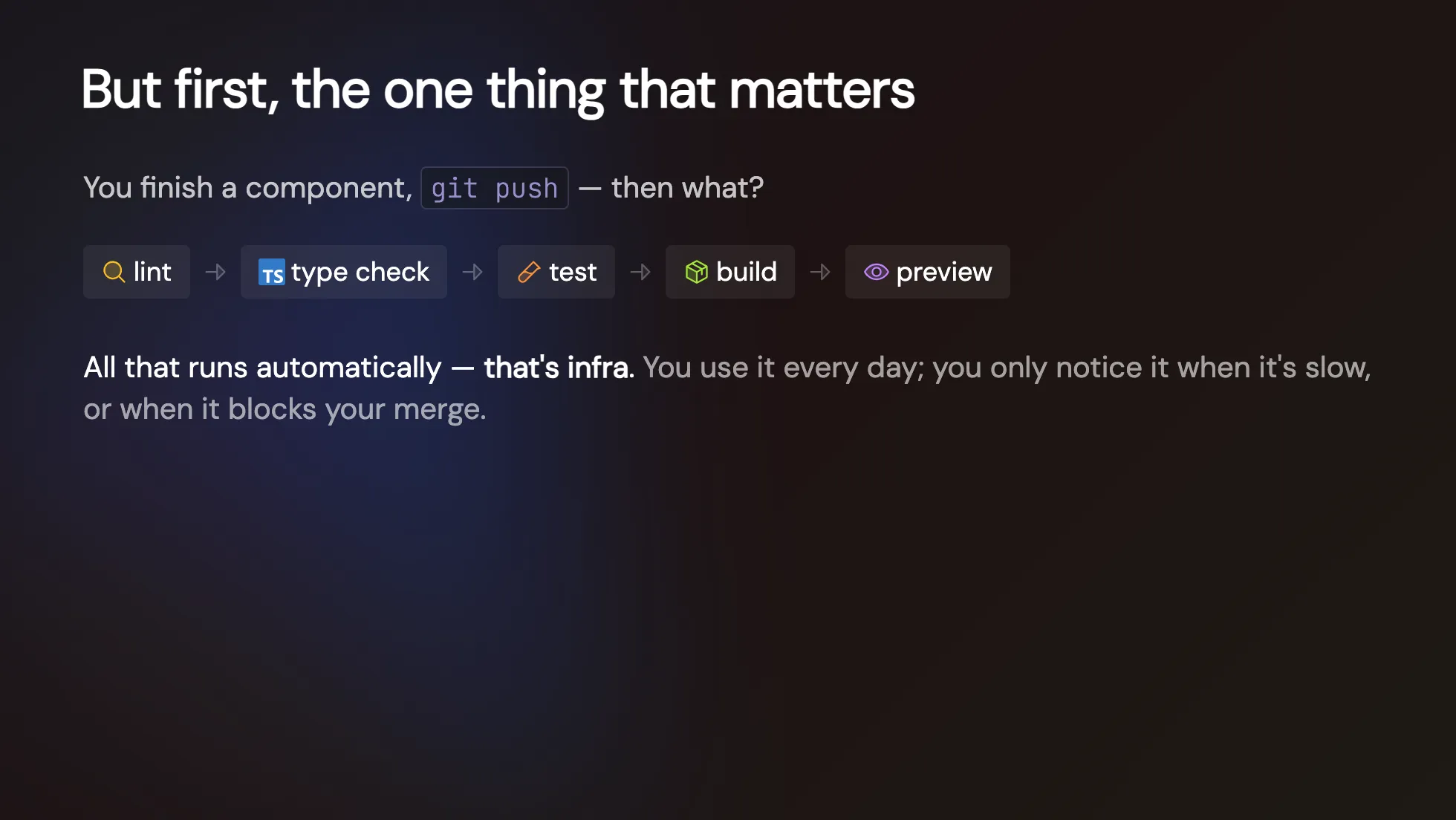 v-taiwan 投影片:But first the one thing that matters,git push 之後 lint→type check→test→build→preview 自動跑起來,那一整套就是 infra